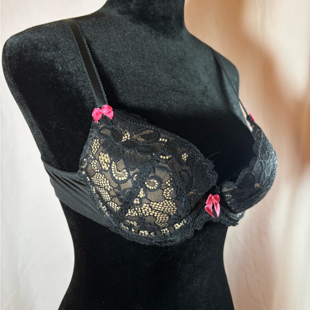 Black Lace Bra with Pink Details